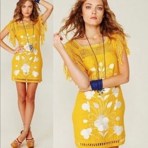 Free People Yellow Embroidered Fringe Mini Dress